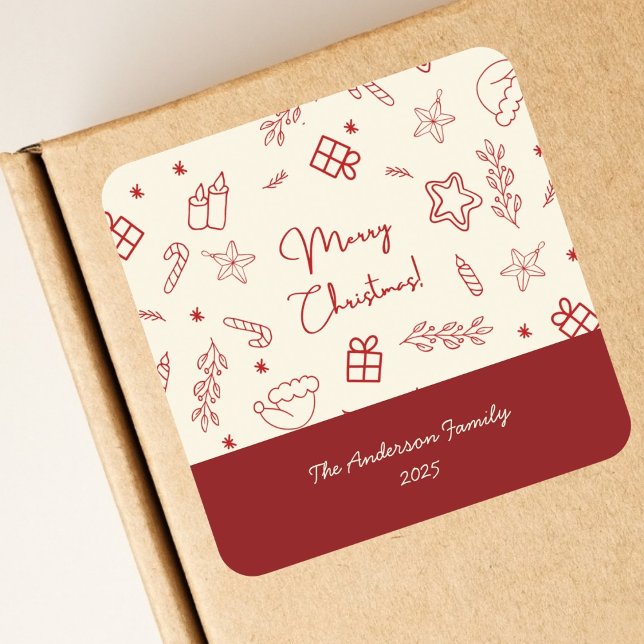 Hand Drawn Whimsical Red Doodle Christmas Square Sticker (Creator Uploaded)