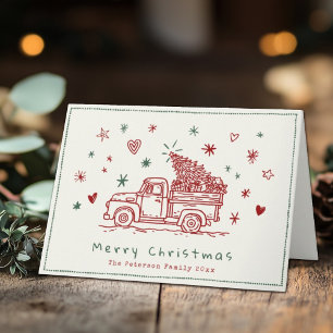 Hand Drawn Whimsical Retro Christmas Truck Holiday Card