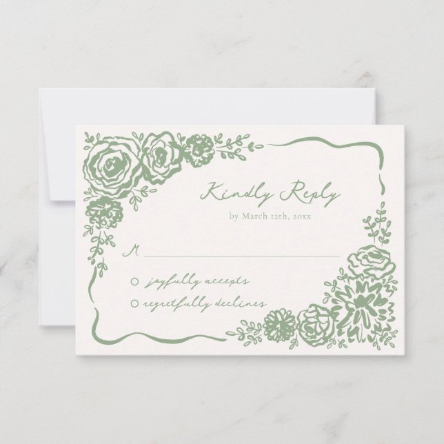 Hand drawn Whimsical Sage Green Wedding RSVP Card (Front)