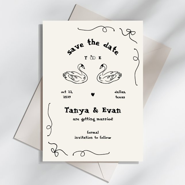 Hand Drawn Whimsical Swan Monogram Doodle Wedding  Save The Date (Creator Uploaded)