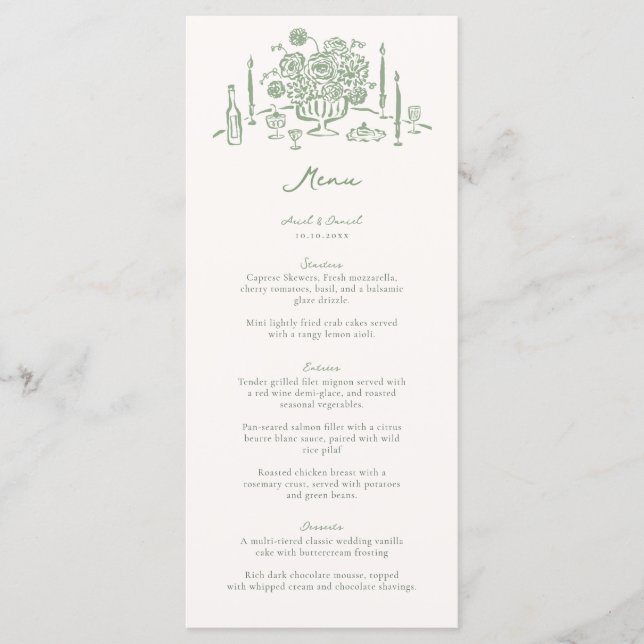 Hand Drawn Whimsical Tabletop Sage Green Wedding Menu (Front)