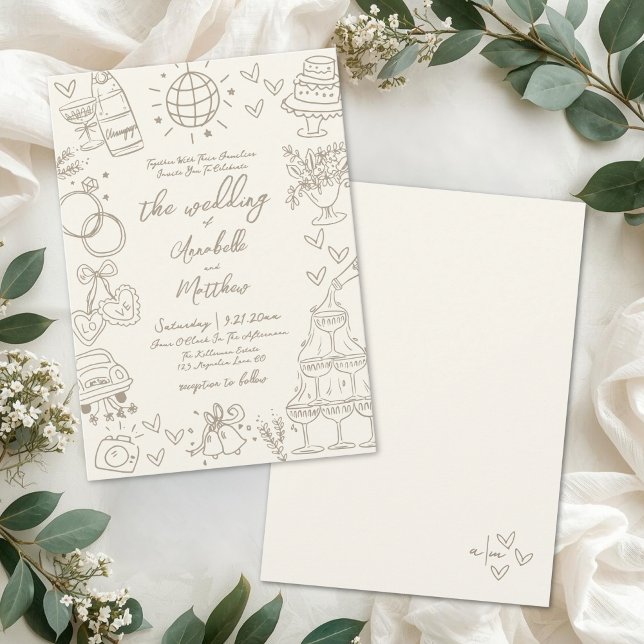 Hand Drawn Whimsical Vintage Wedding Invitation (Hand Drawn Whimsical Vintage Wedding Invitation)