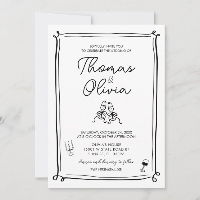 Hand Drawn Whimsical Wedding Invitations (Front)