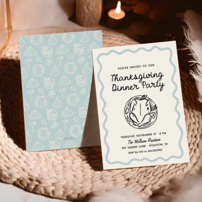 Hand Drawn Whimsy Blue Thanksgiving Dinner Invite (Creator Uploaded)