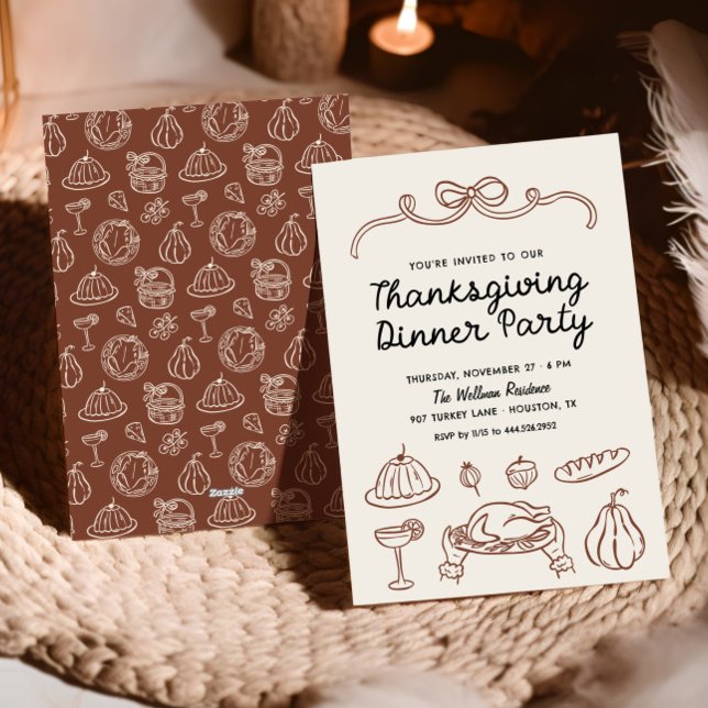 Hand Drawn Whimsy Bow Thanksgiving Dinner Invite (Creator Uploaded)