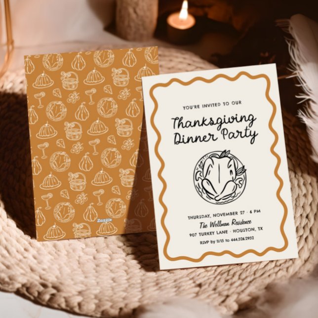 Hand Drawn Whimsy Doodle Thanksgiving Dinner Holiday Card (Creator Uploaded)