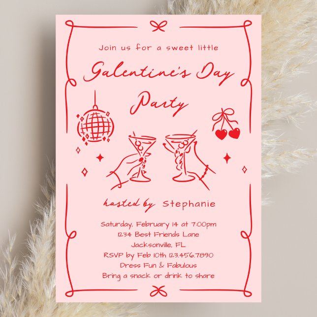 Hand Drawn Whimsy Pink & Red Galentine's Day Party Invitation (Creator Uploaded)