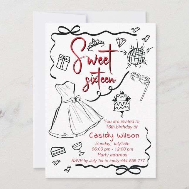 Hand drawn whimsy playful princess sweet 16  invitation (Front)