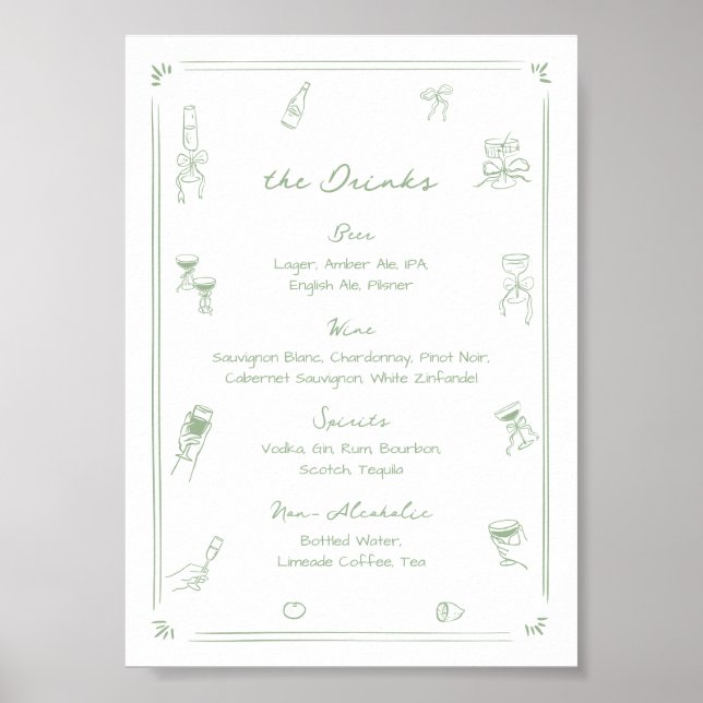 Hand Drawn White and Green Bar Drink Menu Poster (Front)