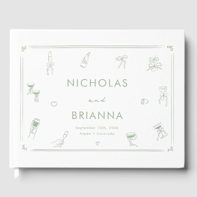 Hand Drawn White and Green Wedding Guest Book (Front)