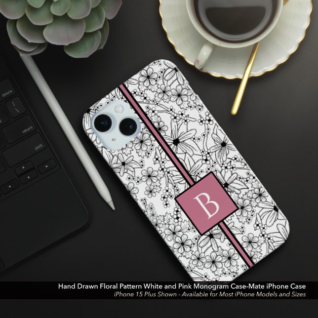 Hand Drawn White Floral Pattern and Pink Monogram Case-Mate iPhone Case (Hand Drawn Floral Pattern: White Flowers with Pink Monogram Case-Mate iPhone Case)