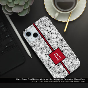 Hand Drawn White Floral Pattern and Red Monogram  iPhone 15 Mini Case