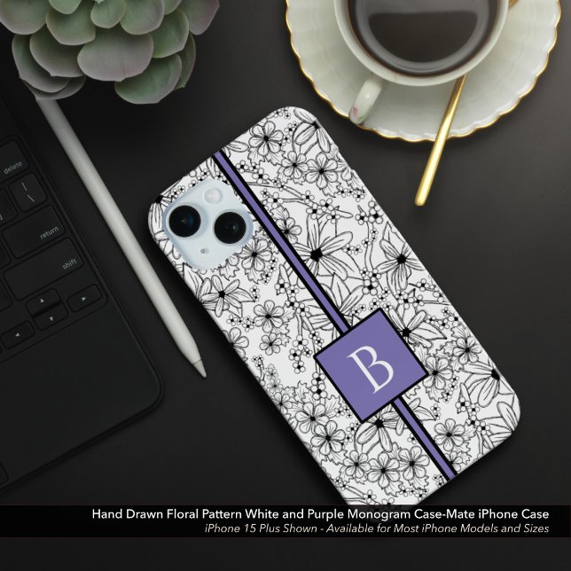 Hand Drawn White Floral Pattern Purple Monogram Case-Mate iPhone Case (Hand Drawn Floral Pattern: White Flowers with Purple/Lavender Monogram Case-Mate iPhone Case)