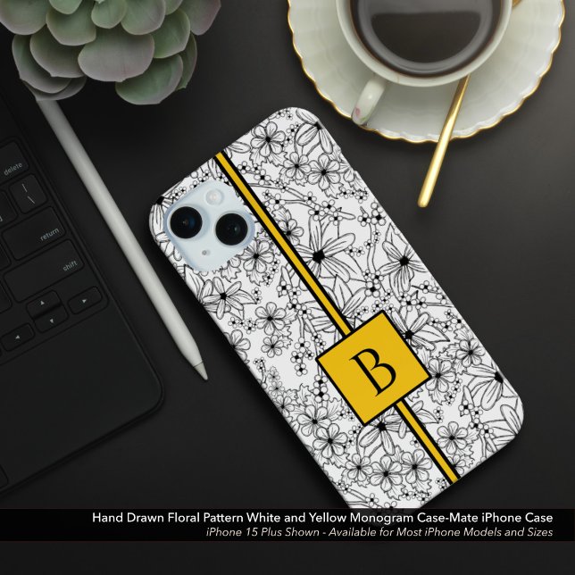 Hand Drawn White Floral Pattern Yellow Monogram Case-Mate iPhone Case (Hand Drawn Floral Pattern: White Flowers with Yellow Monogram Case-Mate iPhone Case)