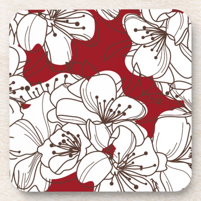 Hand Drawn White Wild Flowers on Red Coaster (Front)