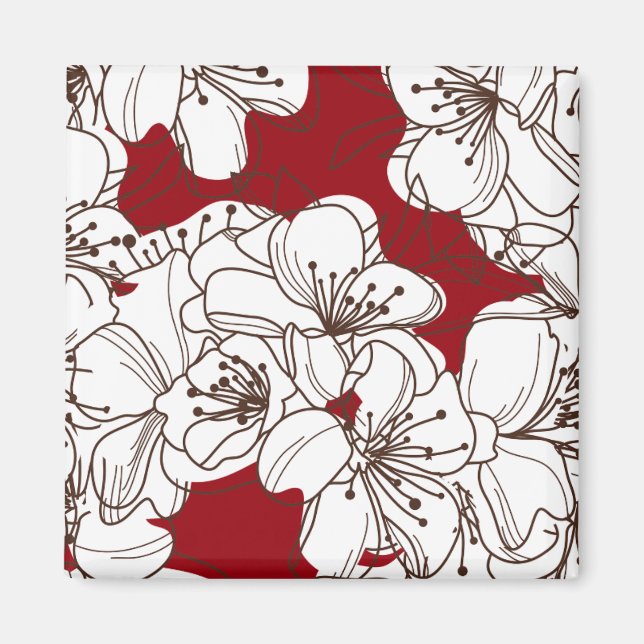 Hand Drawn White Wild Flowers on Red Magnet (Front)
