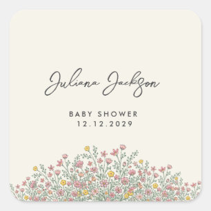 Hand Drawn Wildflower Baby Shower Square Sticker