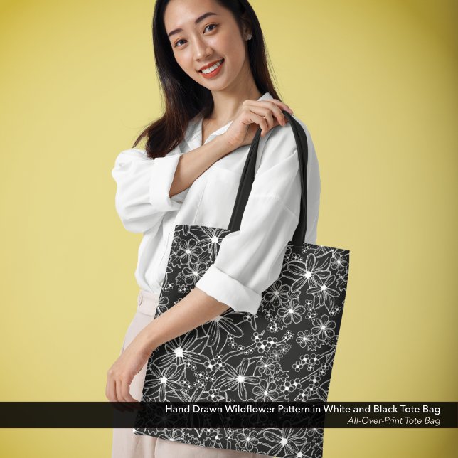 Hand Drawn Wildflower Pattern Black and White Tote Bag (Hand Drawn Wildflower Pattern in Black and White Tote Bag.)