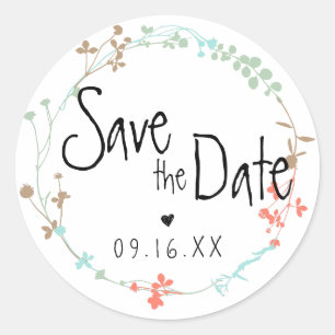 Hand Drawn Wildflower Wreath Save the Date Classic Round Sticker