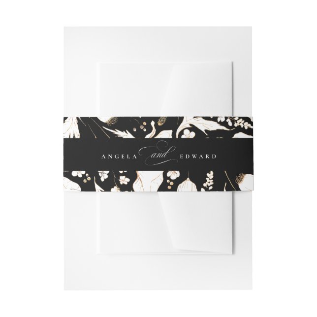 Hand-drawn Wildflowers Chic Elegant Black Wedding Invitation Belly Band (Front Example)