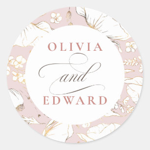 Hand-drawn Wildflowers Elegant Gold Wedding Classic Round Sticker