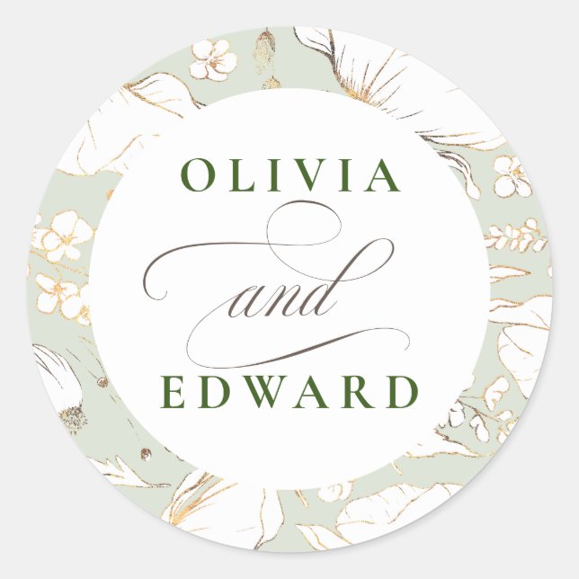 Hand-drawn Wildflowers Elegant Gold Wedding Classic Round Sticker (Front)