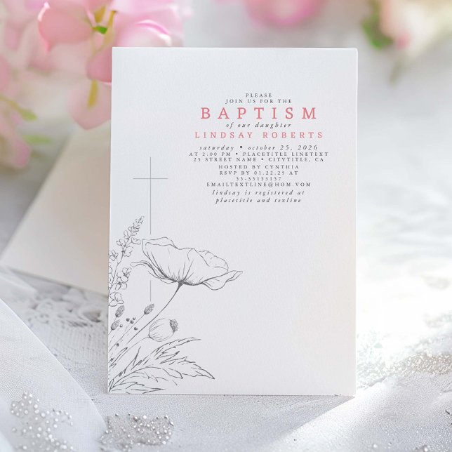 Hand-drawn Wildflowers Elegant Pink Baptism Invitation (Wildflowers Pink Baptism Invitation)