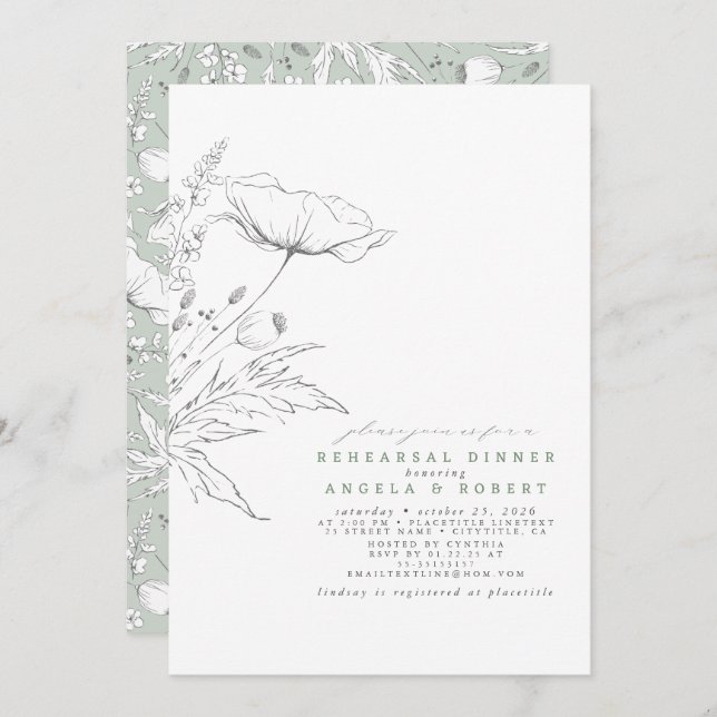 Hand-drawn Wildflowers Elegant Rehearsal Dinner Invitation (Front/Back)