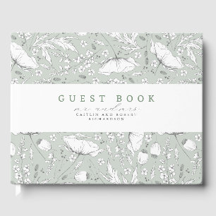 Hand-drawn Wildflowers Elegant Sage Green Wedding Guest Book