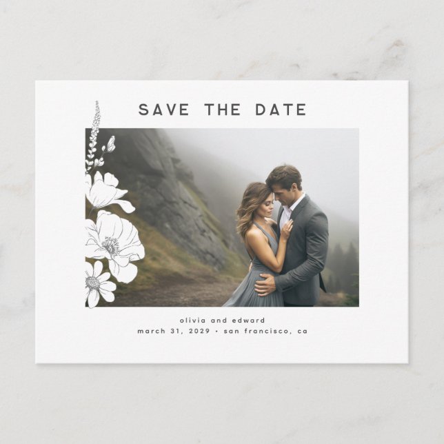Hand-drawn Wildflowers Elegant Save The Date Photo Announcement Postcard (Front)