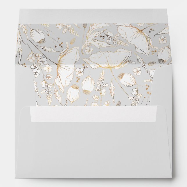 Hand-Drawn Wildflowers Gold and Light Grey Wedding Envelope (Back (Bottom))