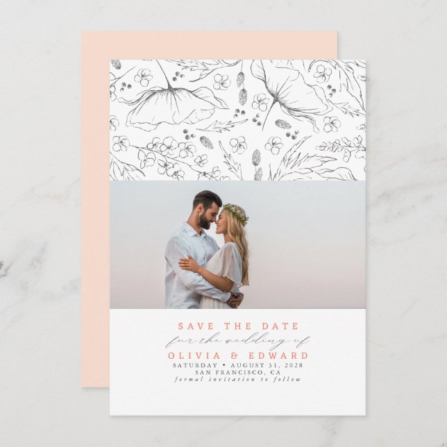 Hand-drawn Wildflowers Peach Save the Date Photo (Front/Back)