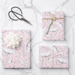 Hand-drawn Wildflowers Pencil Sketch Pattern Pink  Wrapping Paper Sheet