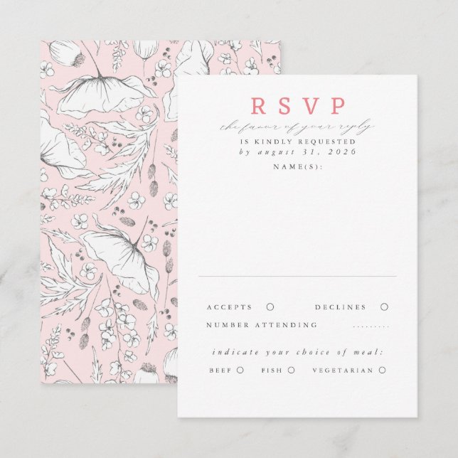 Hand-drawn Wildflowers Pink Wedding RSVP Card (Front/Back)