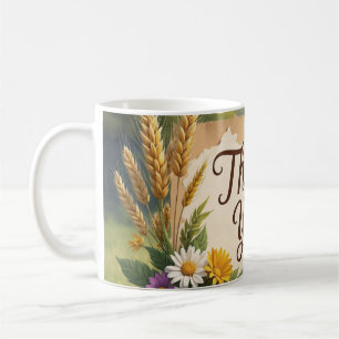 Hand drawn wildflowers, wheat stalks, butterflies coffee mug