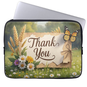 Hand drawn wildflowers, wheat stalks, butterflies laptop sleeve
