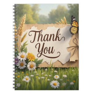 Hand drawn wildflowers, wheat stalks, butterflies notebook