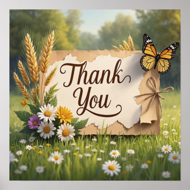 Hand drawn wildflowers, wheat stalks, butterflies poster (Front)