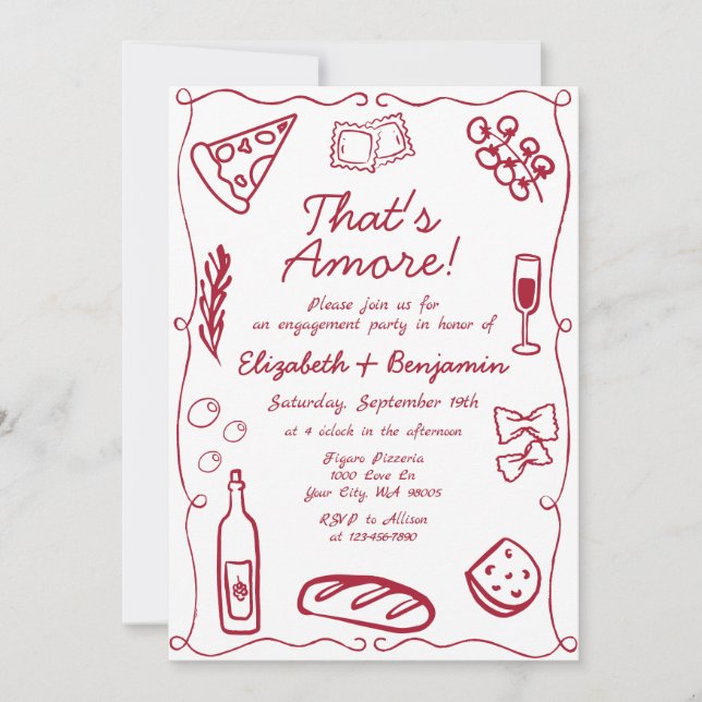 Hand Drawn Wine Red Retro Italian Engagement Party Invitation (Front)