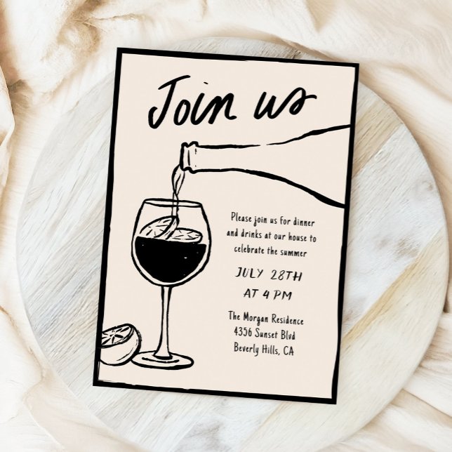 Hand Drawn Wine Sketch Dinner Party Invitation (hand drawn wine glass and wine bottle dinner party invitation)