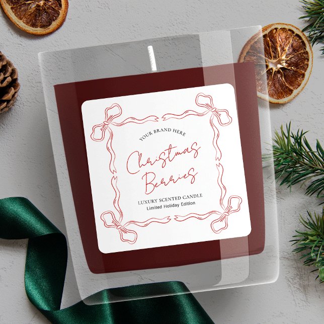 Hand Drawn Winter Christmas Candle Product Label (Christmas product label in red and white with hand drawn ribbons and handwritten style fonts)