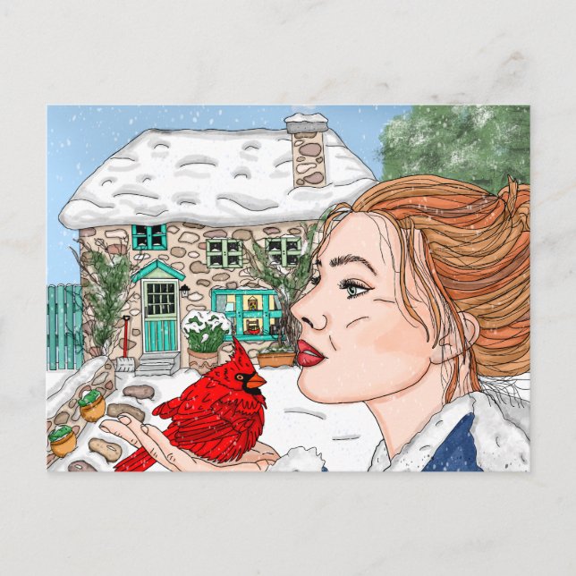 Hand drawn Winter Day, English Cottage  Postcard (Front)