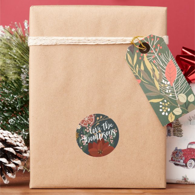 Hand-drawn Winter Florals & Oranges Classic Round Sticker (Holiday)