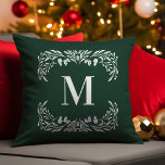 Hand Drawn Winter Foliage Monogram Christmas Cushion<br><div class="desc">This monogram Christmas throw pillow features hand drawn white winter foliage that frames the monogram. The monogram and frame appear in white on a dark green background.</div>