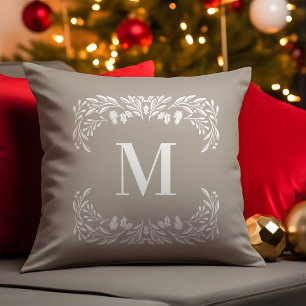 Hand Drawn Winter Foliage Monogram Christmas Cushion