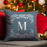 Hand Drawn Winter Foliage Monogram Christmas Cushion<br><div class="desc">This monogram Christmas throw pillow features hand drawn white winter foliage that frames the monogram. The monogram appears in white on a dark dusty blue background.</div>