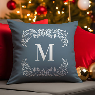 Hand Drawn Winter Foliage Monogram Christmas Cushion