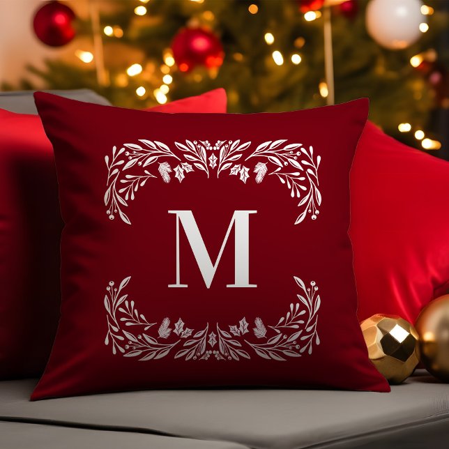 Hand Drawn Winter Foliage Monogram Christmas Cushion (Creator Uploaded)