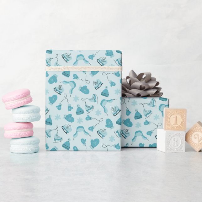 Hand Drawn Winter Pattern Cyan Wrapping Paper Roll (Baby Shower)