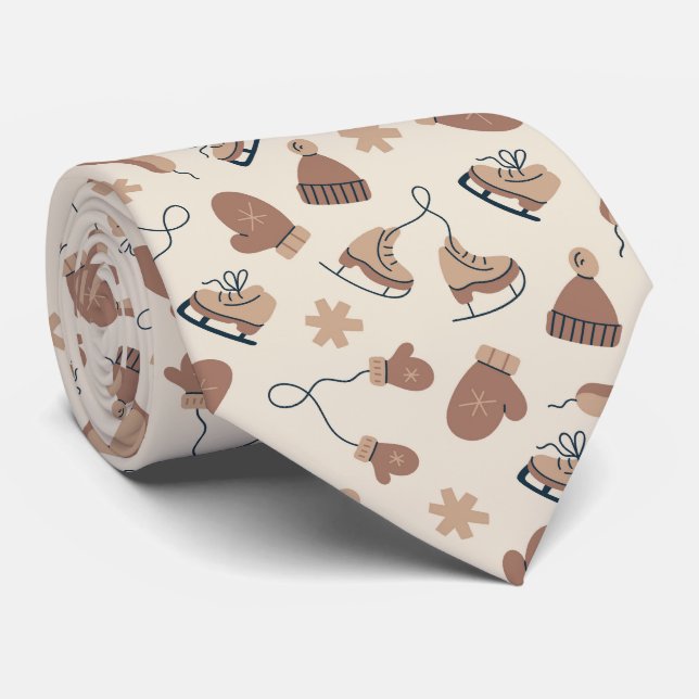 Hand Drawn Winter Print Brown Neck Tie (Rolled)